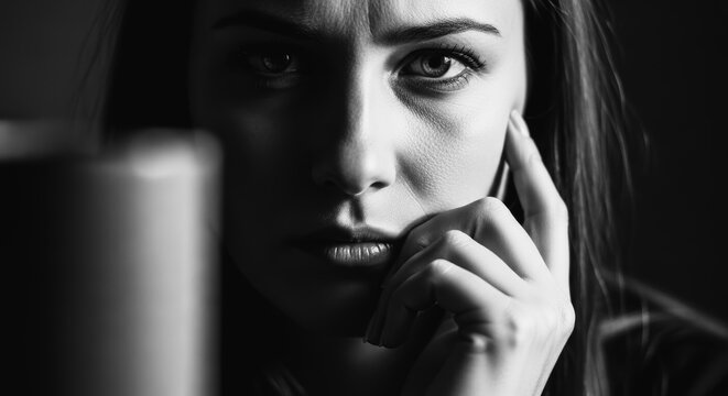 A pensive woman displays deep introspection and an emotional struggle, captured in a stark black and white portrait, hinting at intense internal reflection.