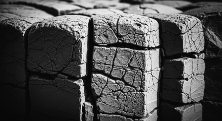 A close-up view unveils a stack of weathered bricks. Each one tells a story of time, age, and natural transformation, capturing a strong architectural texture.
