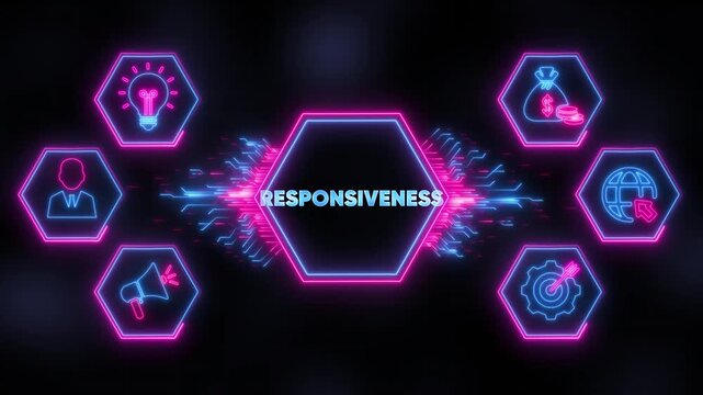Responsiveness Hexagon Network with Business Icons Neon Lights technology