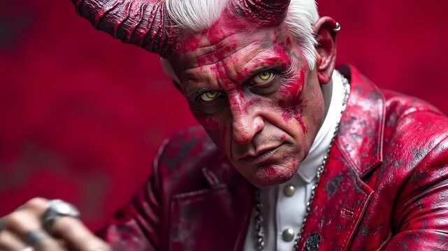 A man in a red devil costume with horns and a ring on his finger