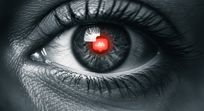 A close-up shot of a cybernetic eye, displaying intricate detail and a robotic iris reflecting a digital world, evoking a sense of advanced technology. - Powered by Adobe