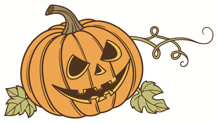 Carved halloween pumpkin with a spooky jack-o'-lantern face, vibrant orange color, brown stem, green leaves, and a winding vine, ready for autumn holiday celebrations and scary decorations