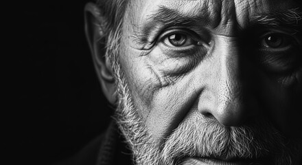 A portrait of weathered face of senior man in grayscale, capturing the essence of time, experience, and resilience in a close-up shot.
