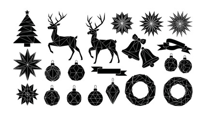 Christmas Decorations Silhouette Collection: A festive collection of minimalist silhouette, Christmas ornaments, tree, reindeers, bells, bows, star shapes, and wreaths, perfect for seasonal designs.