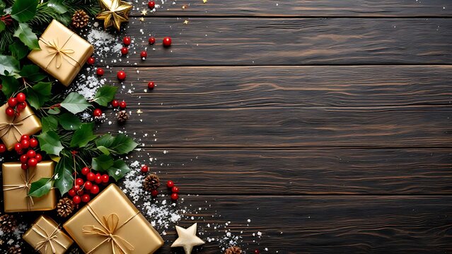 Elegant golden Christmas gifts and festive decor on a rustic wooden table, perfect for holiday marketing and seasonal celebrations