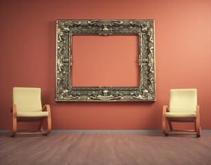 Empty ornate frame on a red wall with two chairs, creating a minimalist art display in an indoor space