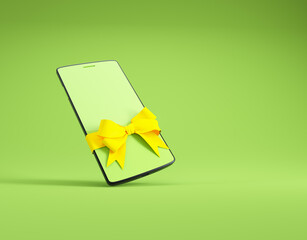Creative smartphone gift concept with a yellow bow against a green background