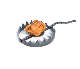 Large bear trap with a cooked chicken as bait sitting on a white surface in a kitchen setting