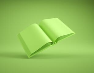 Green open book floating in the air on a solid green background creating a calm and minimalist scene