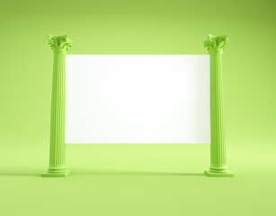 Decorative green columns frame a blank white surface in a modern artistic setting suitable for displays or presentations