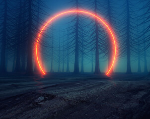 Vibrant neon circle appears amidst foggy forest at twilight creating an ethereal atmosphere
