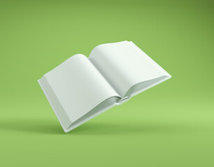 An open book is gently suspended in mid-air against a solid green backdrop.