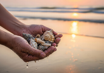 Hands holding seashells and pebbles on a beach at sunset