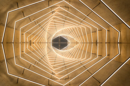 Modern LED Geometric Tunnel with Infinite Perspective Light Installation