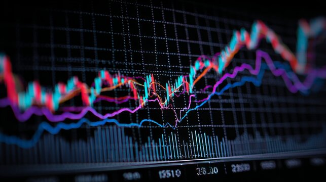 Colorful Stock Market Chart with Rising Trends and Fluctuating Lines on a Dark Background for Financial Analysis and Investment Concepts