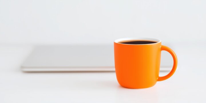 Bright orange coffee mug on table next to laptop, perfect for remote work or study sessions.
