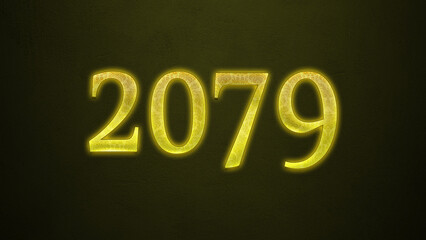 Neon glowing yellow number of 2079 on dark background.