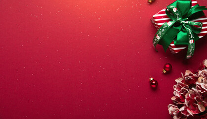 Merry Christmas and Happy Holidays greeting card, frame, border. New Year. Red Christmas ornaments...