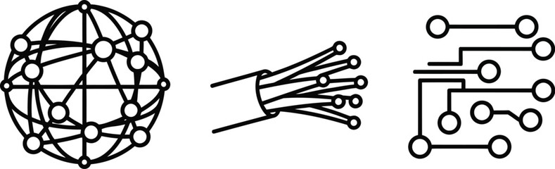 Outline vector icon set of global network fiber optic cable and circuit board for technology concepts