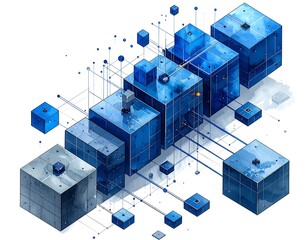 Abstract watercolor illustration of interconnected blue cubes