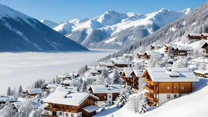 Scenic view of a charming alpine village nestled in snowcovered mountains above a sea of fog on a clear winter day