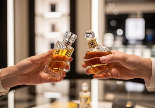 Two hands clinking glasses of amber liquid in a store