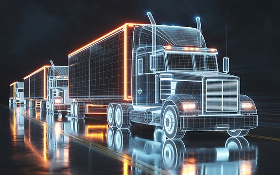 Digital Wireframe Semi Trucks Fleet on a Wet Asphalt Road Futuristic Transportation Concept
