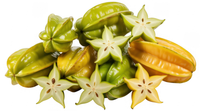 Pile of ripe and unripe star fruits with cross sections showing seeds isolated on a transparent background