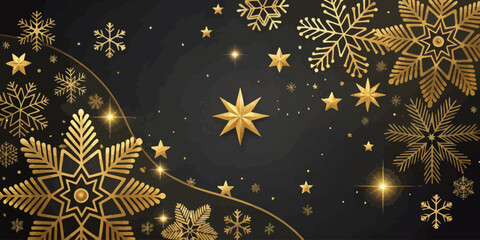 Vector christmas elegant black background with golden stars and snowflakes for festive celebrations design idea