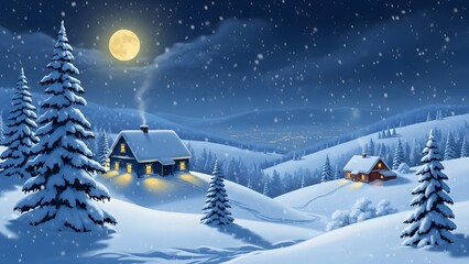 Cozy winter night scene with snowcovered cabin nestled in snowy hills under a bright full moon and falling snow