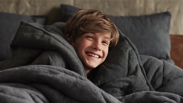 A happy little child, curled up on a blanket on a freshly made bed, smiling happily. warmth, comfort, and the joy of a relaxing morning at home.
