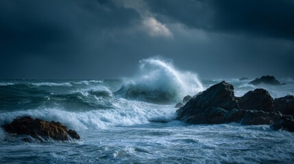 Dramatic Ocean Waves Crash Against Rocky Shore Under Dark Stormy Skies Creating a Powerful Seascape Full of Energy and Motion