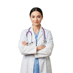 Fototapeta premium Professional female doctor wearing white lab coat and stethoscope with arms crossed confidently isolated on transparent background