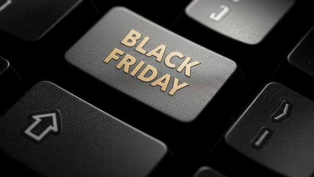 Close-up on a black computer keyboard key with the words Black Friday written in embossed golden letters