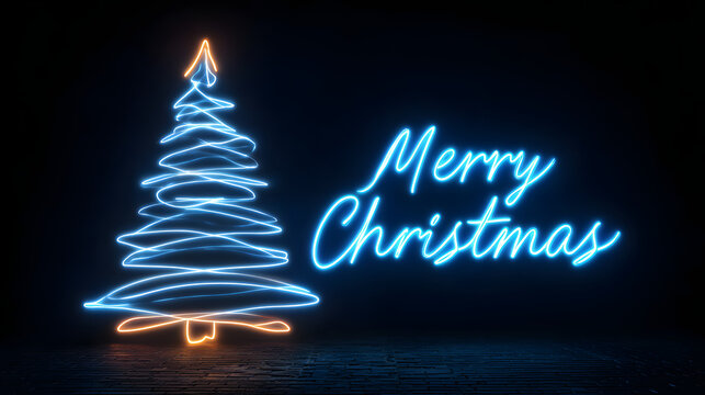 Blue glowing neon Christmas tree in minimalist abstract design, elegant fir illustration with copy space for your advertising, holiday banner concept. Merry Christmas,Happy New Year 2026