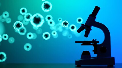 Microscope Analyzing Floating Virus Cells in Blue Toned Animation