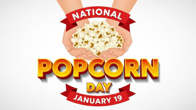 Hands holding a generous amount of fluffy popcorn with national popcorn day january 19 text