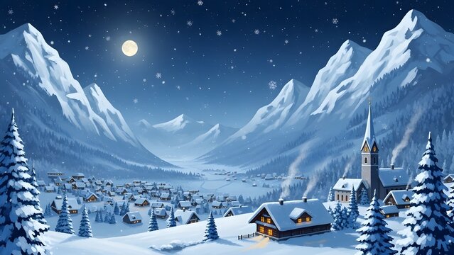 Idyllic winter night scene in a snowy mountain valley featuring a small village with a church under a bright full moon and falling snow