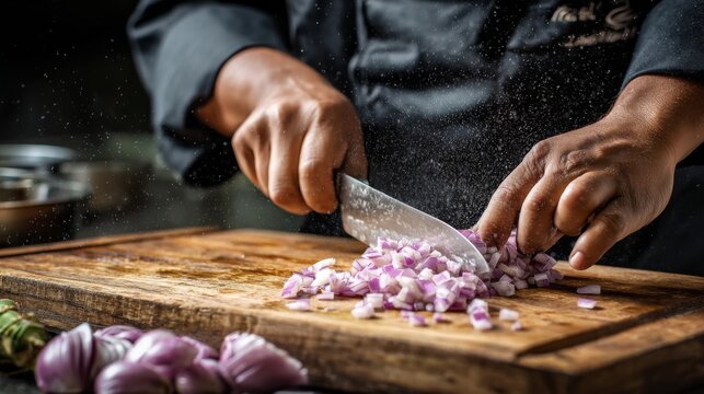 Professional chef chopping fresh onions on wooden cutting board with focus on hands and knife, showcasing culinary skills in a kitchen setting