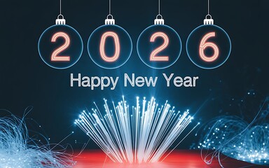 2026 Happy New Year with red and blue glowing fiber optics and ornaments celebration greeting