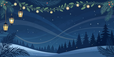 Vector christmas a serene winter night scene with illuminated lanterns and snow covered trees under a starry sky view