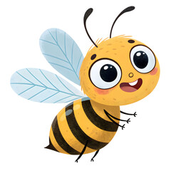 Cute cartoon bee with big eyes and striped body flying isolated on transparent background