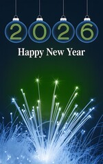 2026 Happy New Year with blue fiber optics and Christmas ornaments celebration greeting