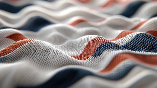 Close-up of a textured fabric with wavy stripes in white, orange, and blue colors. The image highlights the texture and pattern of the material.