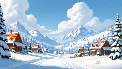 Charming winter village nestled in a snowy mountain valley with wooden cabins and snowcovered pine trees under a bright blue sky