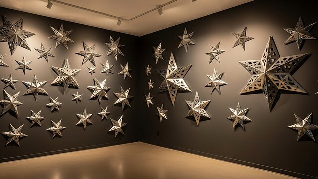An art installation featuring numerous metallic star-shaped sculptures affixed to a dark wall, creating a celestial or decorative display in a gallery space. - Powered by Adobe