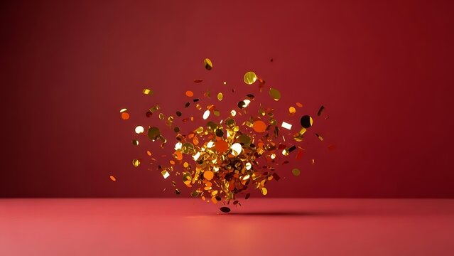 Golden heart shaped confetti exploding and floating against a deep red gradient background
