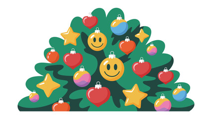 Festive Adornments: A charming illustration depicts a Christmas tree adorned with cheerful decorations, including smiling face ornaments. The illustration showcases a festive ambiance of the season.