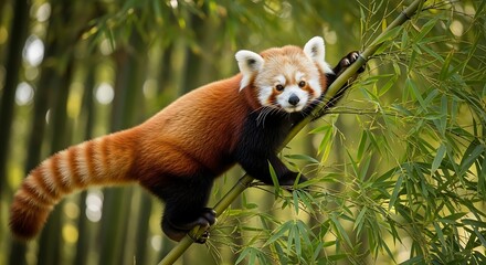 Adorable Red Panda Climbing Bamboo Branch in Natural Habitat