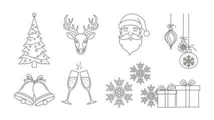 Festive Icons in Line Art: An array of classic Christmas elements, from a decorated tree to jolly Santa, rendered in elegant line art, perfect for holiday-themed design.